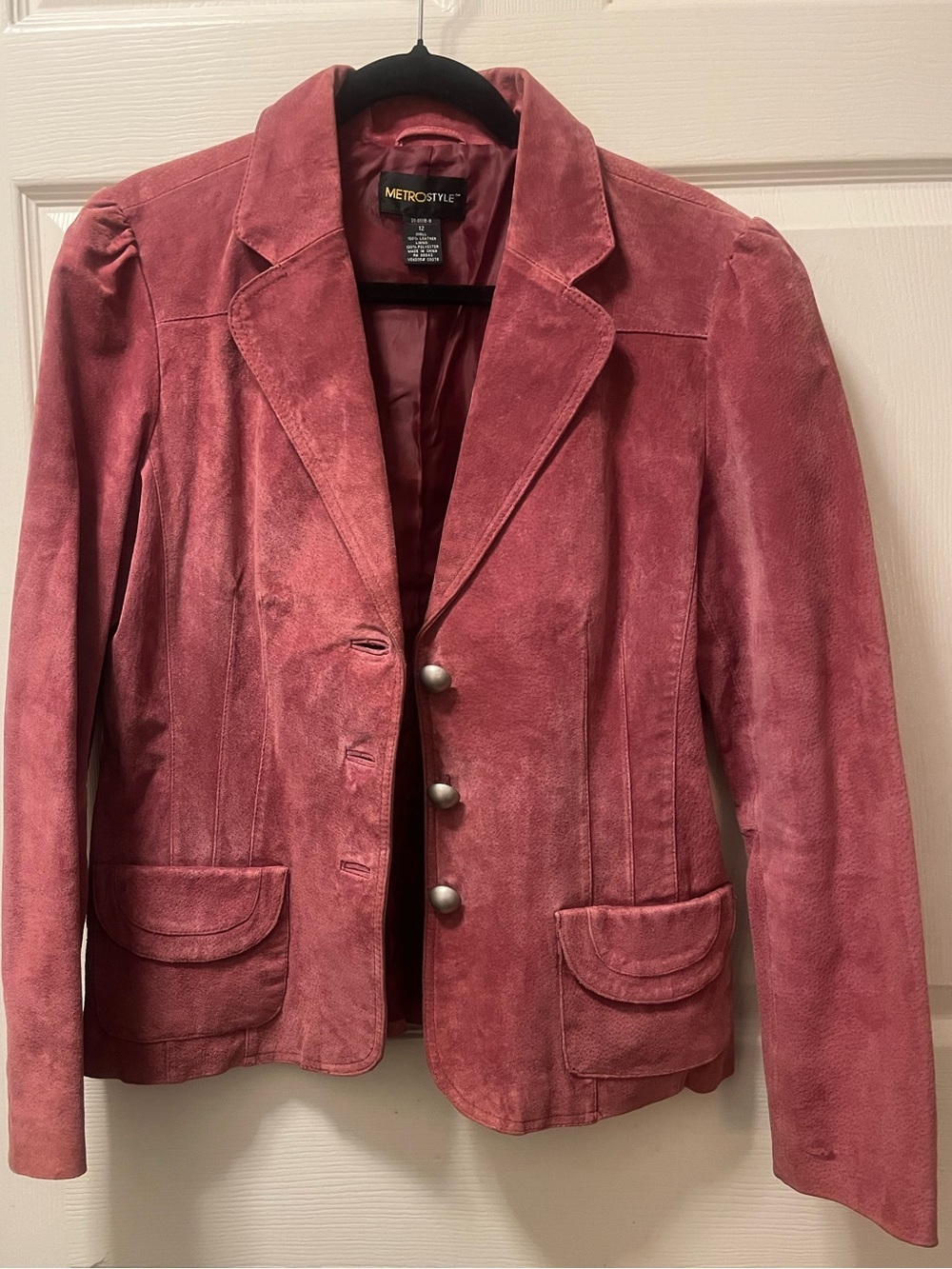 MetroStyle Vintage Suede Jacket Blazer Puff Sleeves Y2K Berry Color Size Medium